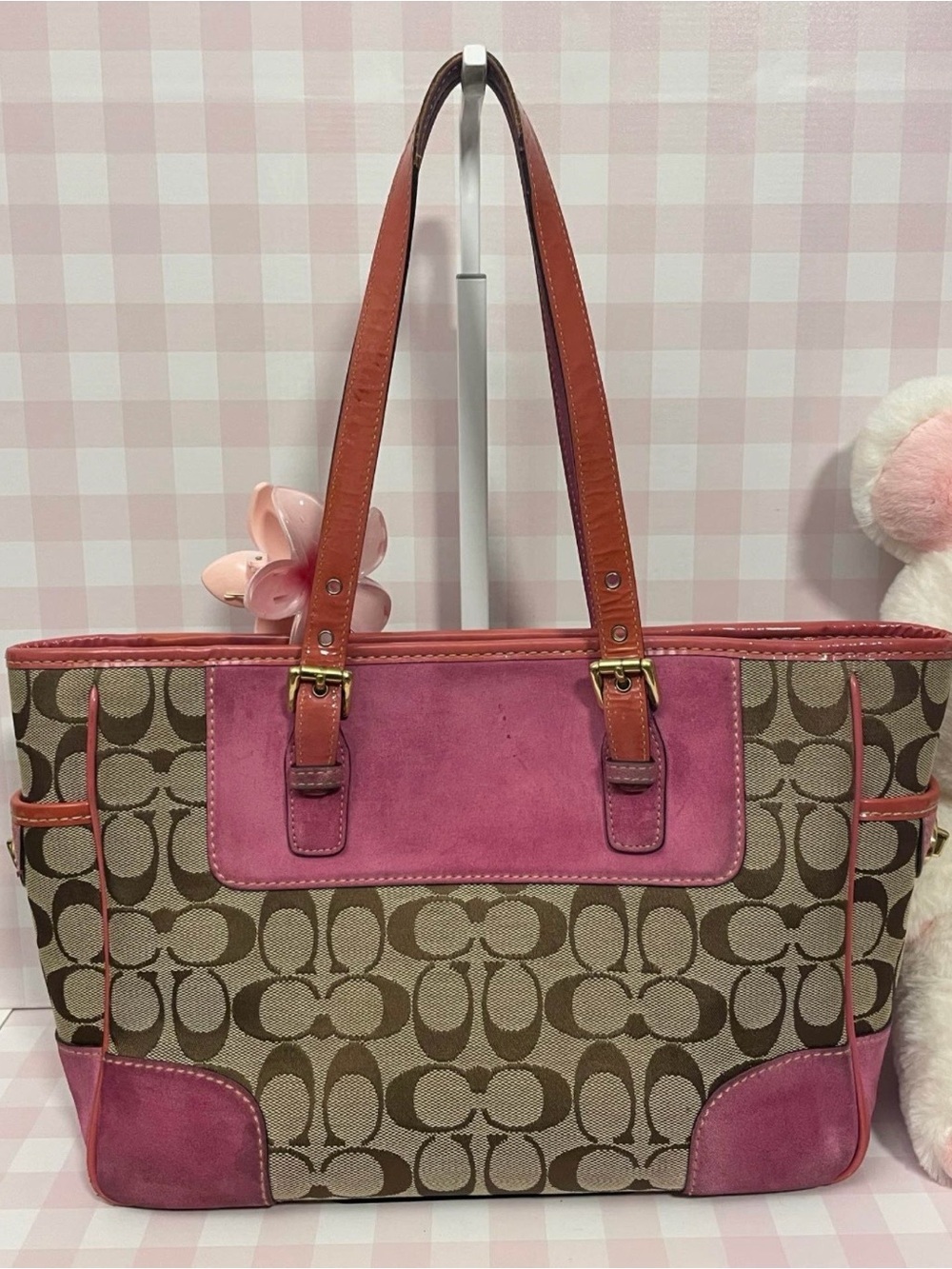 Vintage Coach Brown Signature Canvas Tote with Pink Leather Accents - Picture 6 of 10